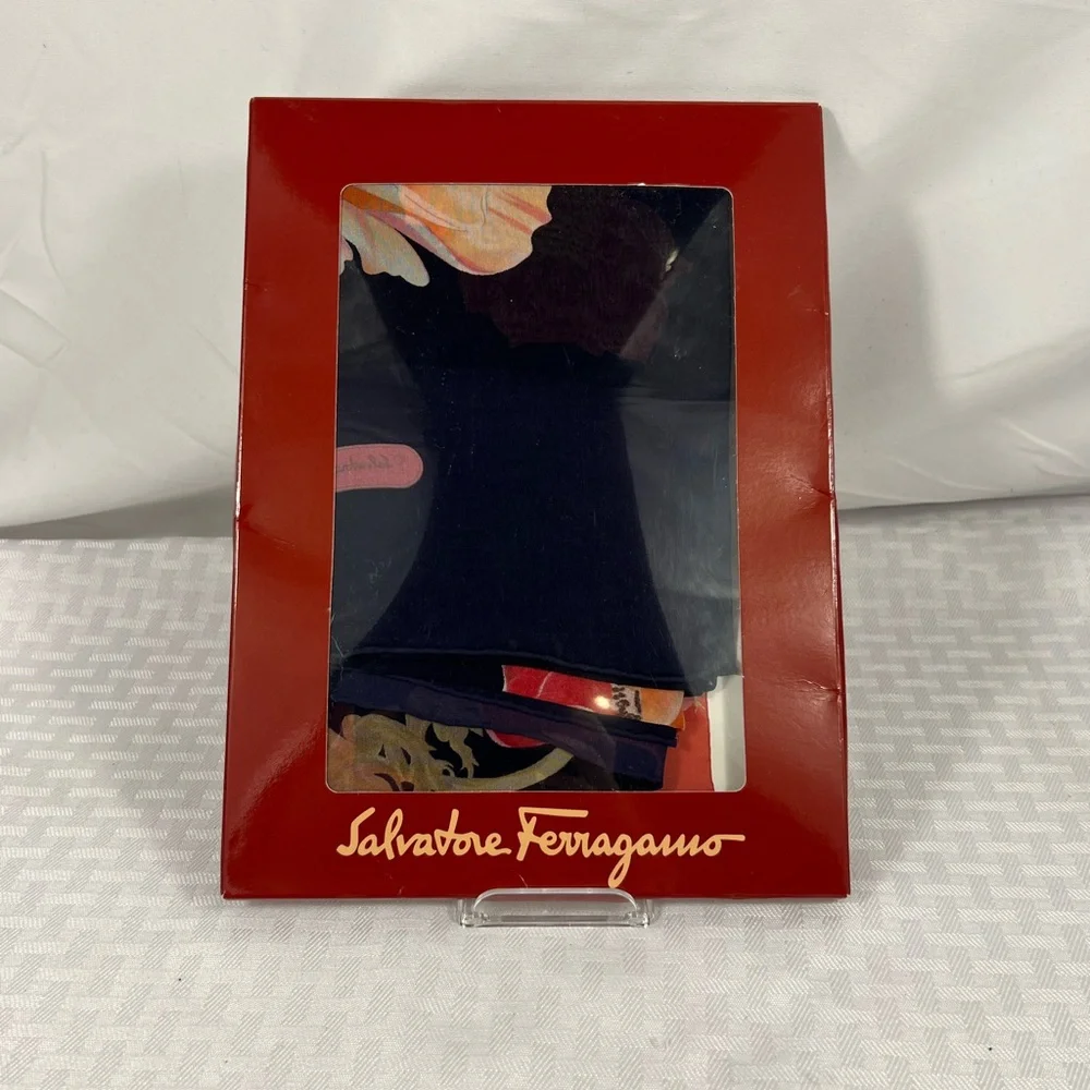 Salvatore Ferragamo Floral Silk Chiffon Scarf Navy Red With original sleeve